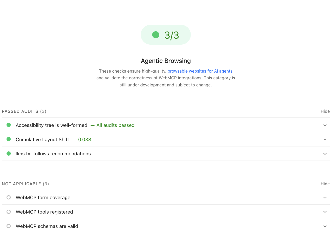The expanded Agentic Browsing category in PageSpeed Insights, showing three passed audits and three WebMCP audits marked not applicable.